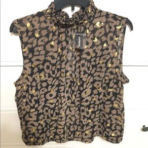 Leopard, Gold Smock Ruffle Neck Crop Shirt LARGE